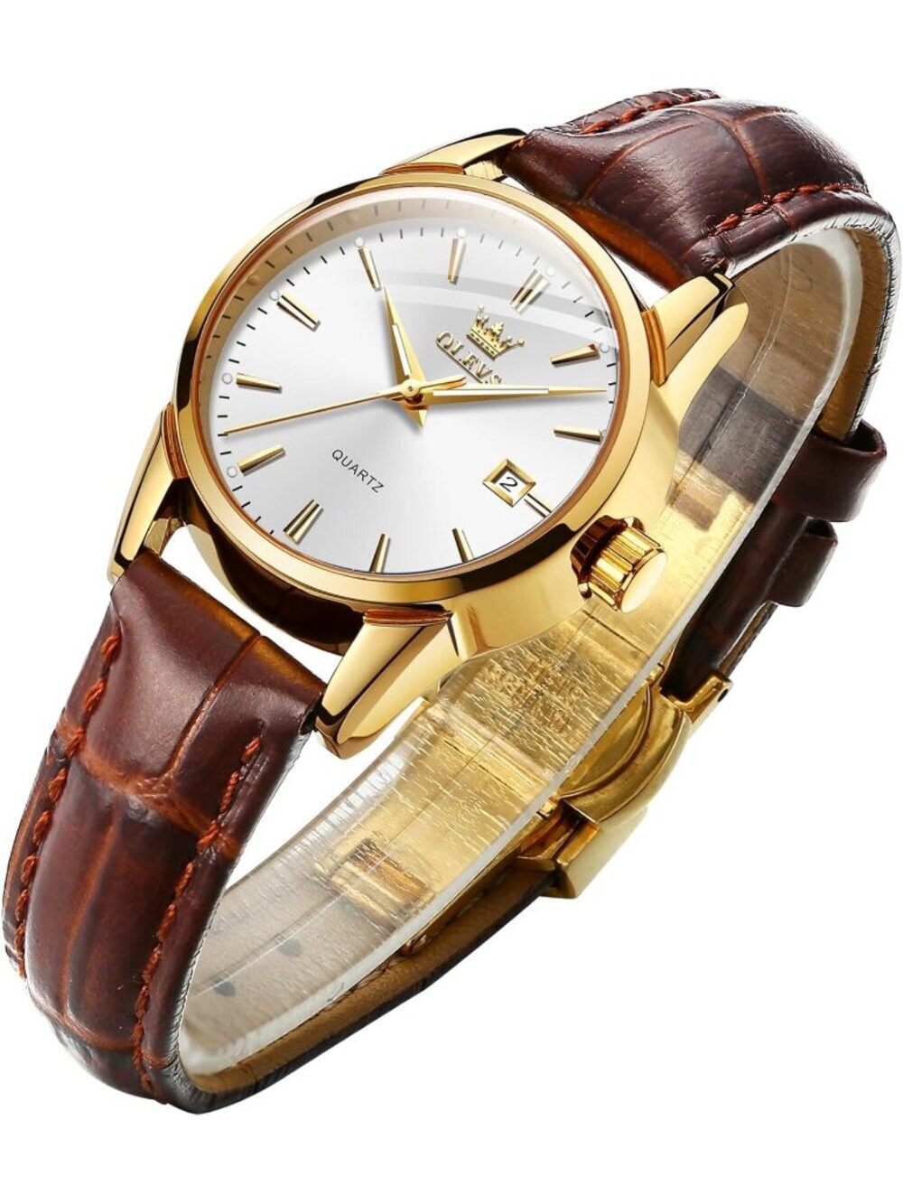 Olevs Women's White And Brown Leather Analog Waterproof Reloj Mujer Luxury Watch